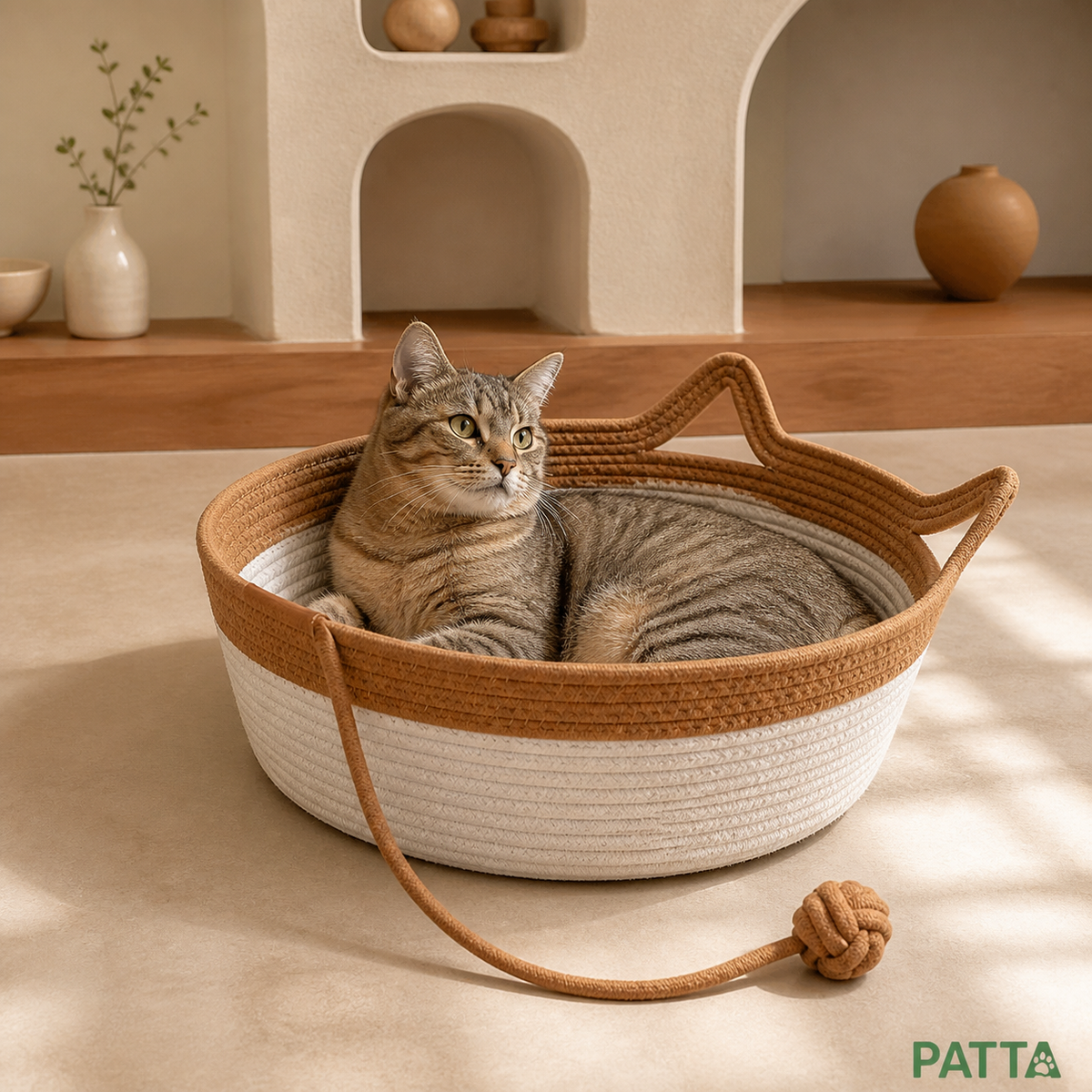 Cesta-cama redonda trançada PATTA em uso por gato