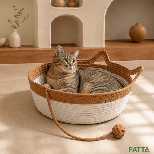 Cesta-cama redonda trançada PATTA em uso por gato