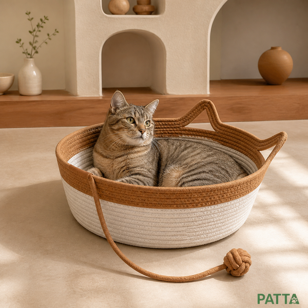 Cesta-cama redonda trançada PATTA em uso por gato