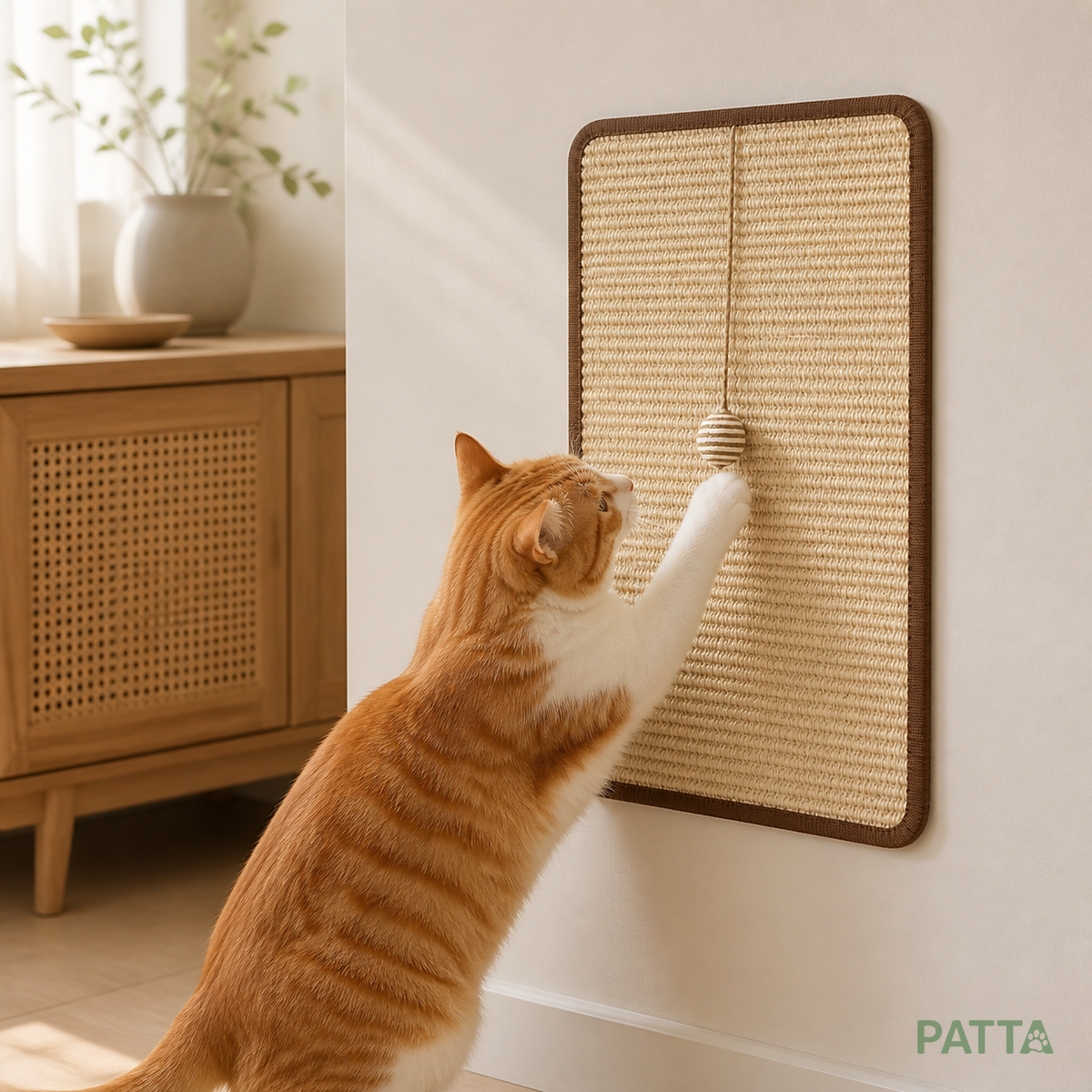 Tapete Arranhador de Sisal para Gatos com Bolinha em uso na parede