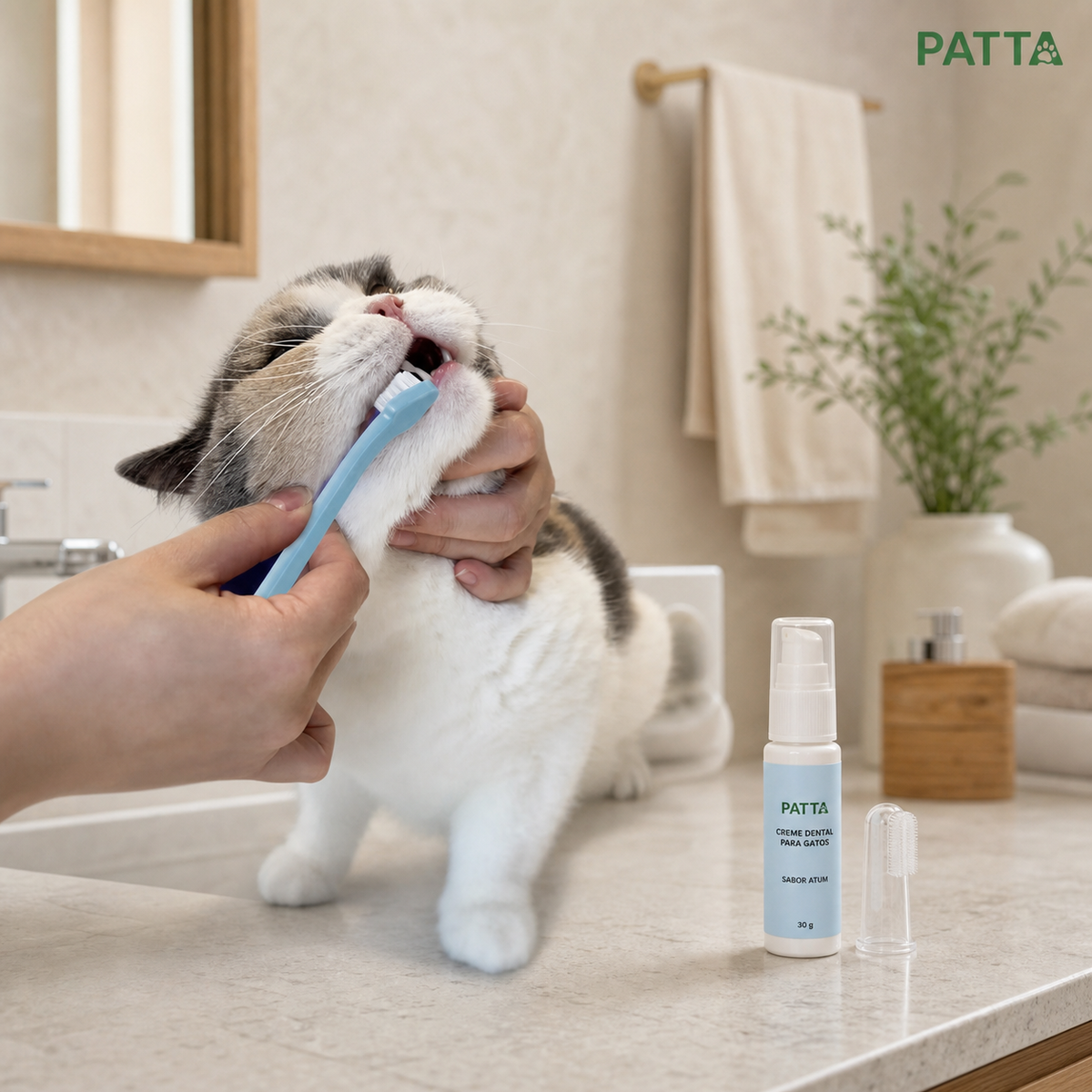 Escovação suave de gato com o kit de higiene bucal PATTA