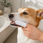 Dedeira umedecida PATTA em uso na higiene dental de um cão