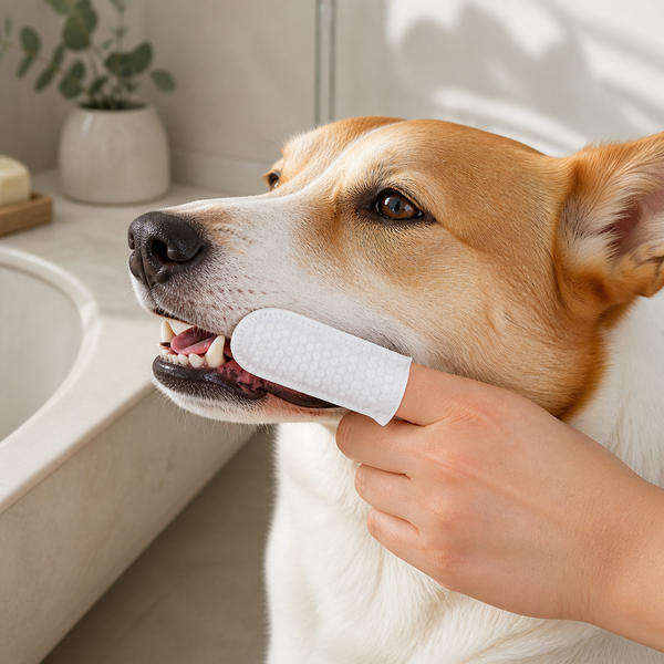 Dedeira umedecida PATTA em uso na higiene dental de um cão
