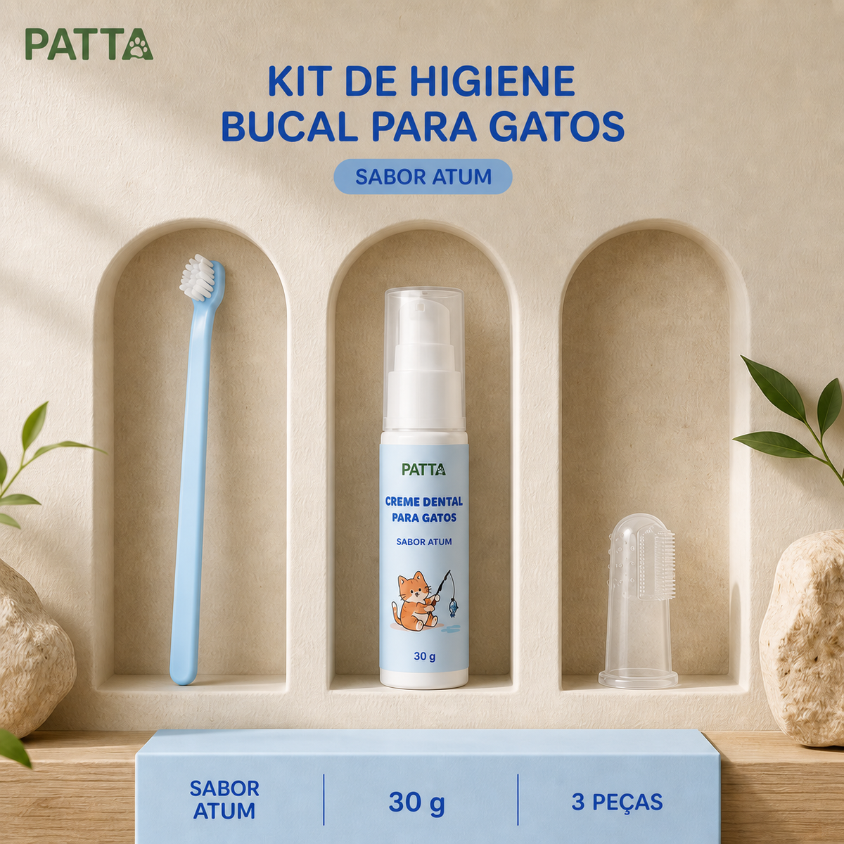 Creme dental, escova e dedeira PATTA apresentados em nichos