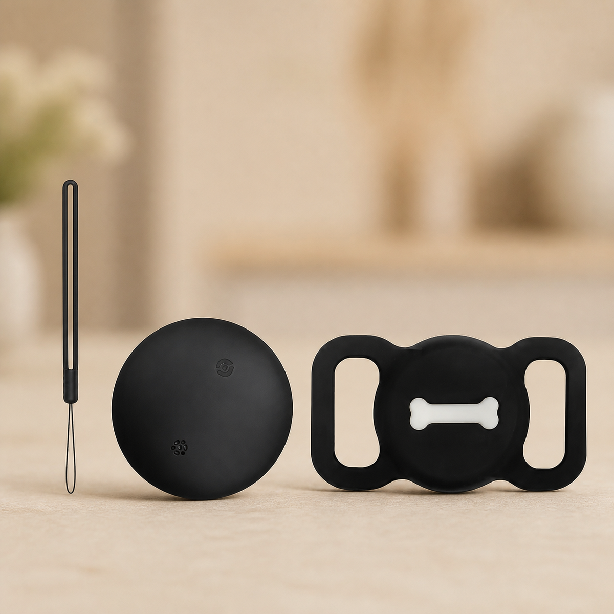 Rastreador Google Find My com suporte preto e detalhe de osso