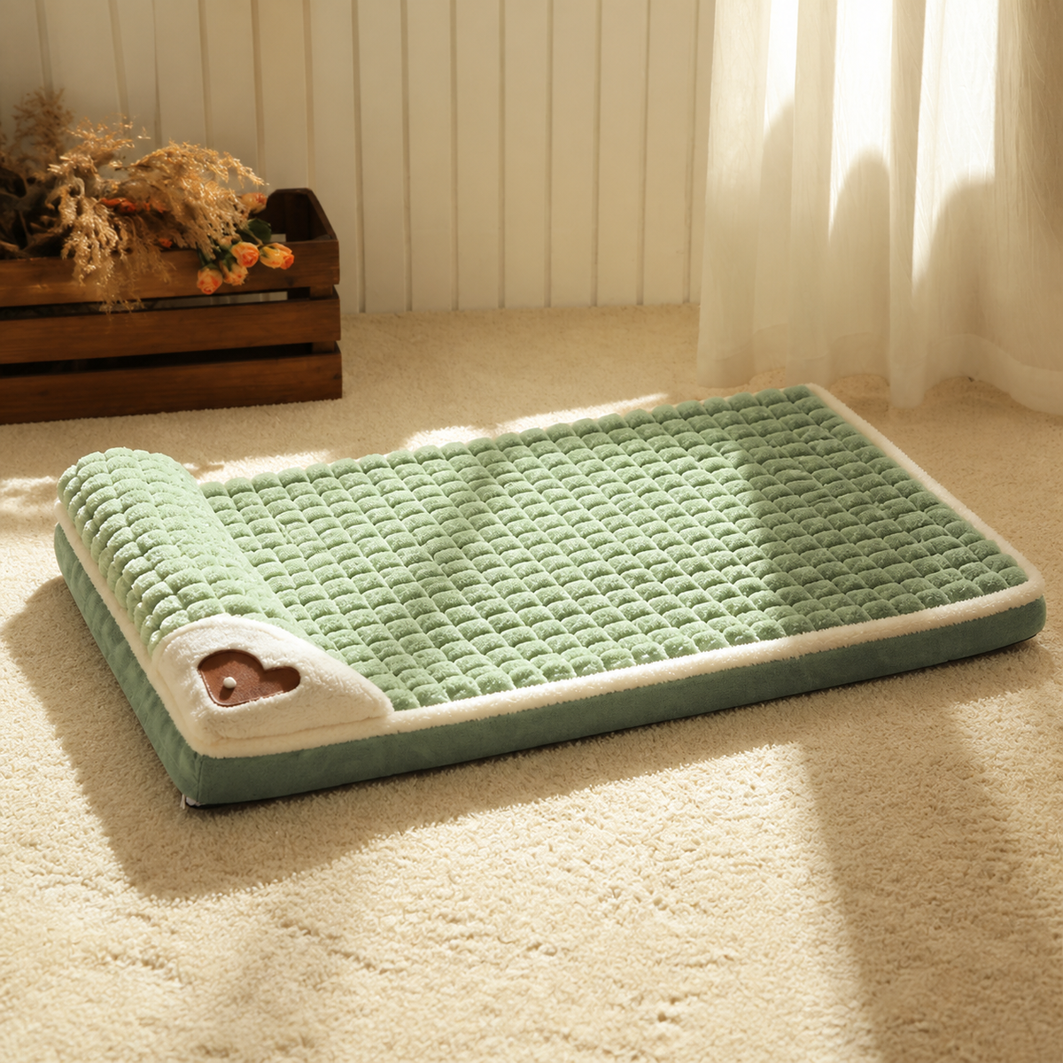 Cama acolchoada verde com apoio lateral para cães