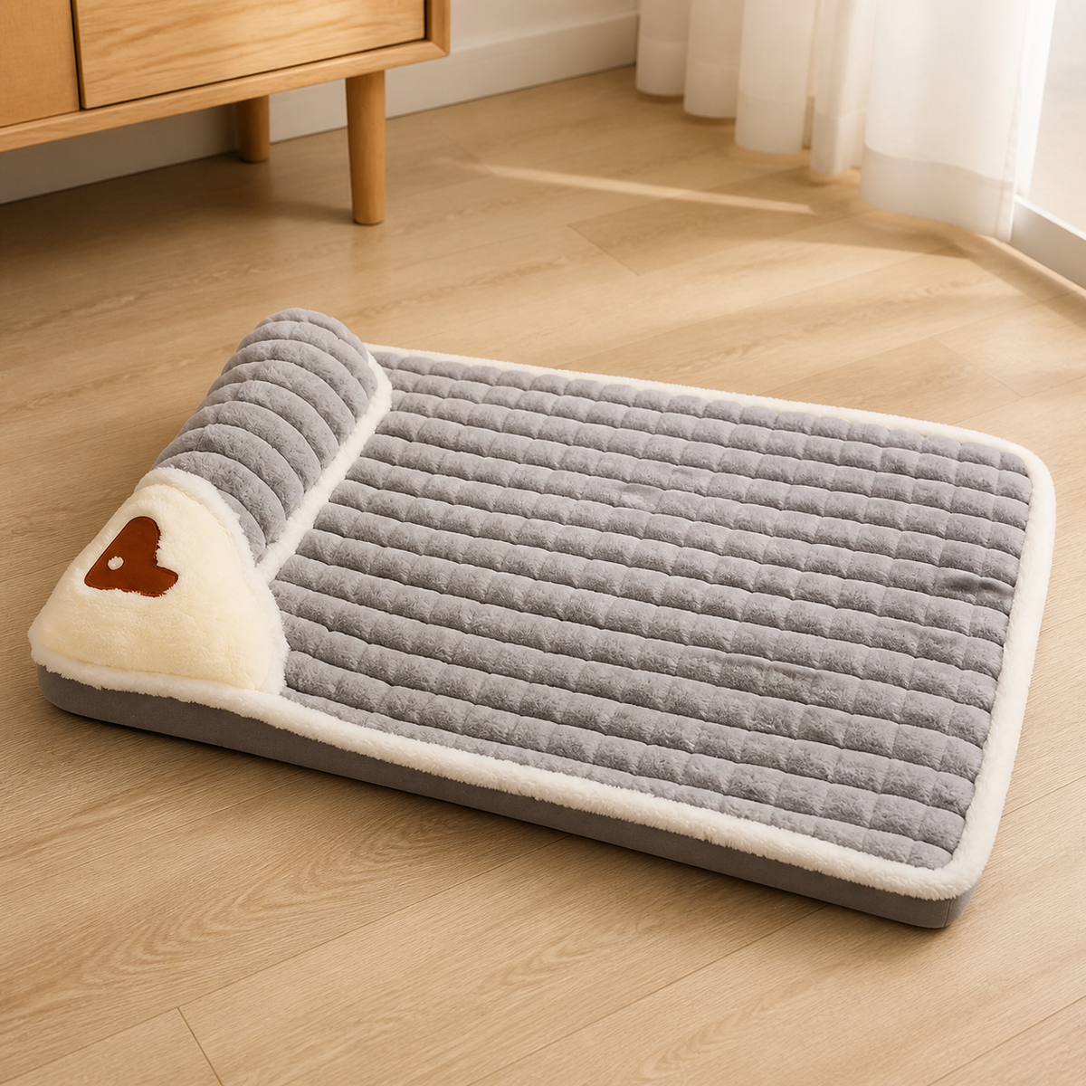 Cama acolchoada cinza com apoio lateral para cães