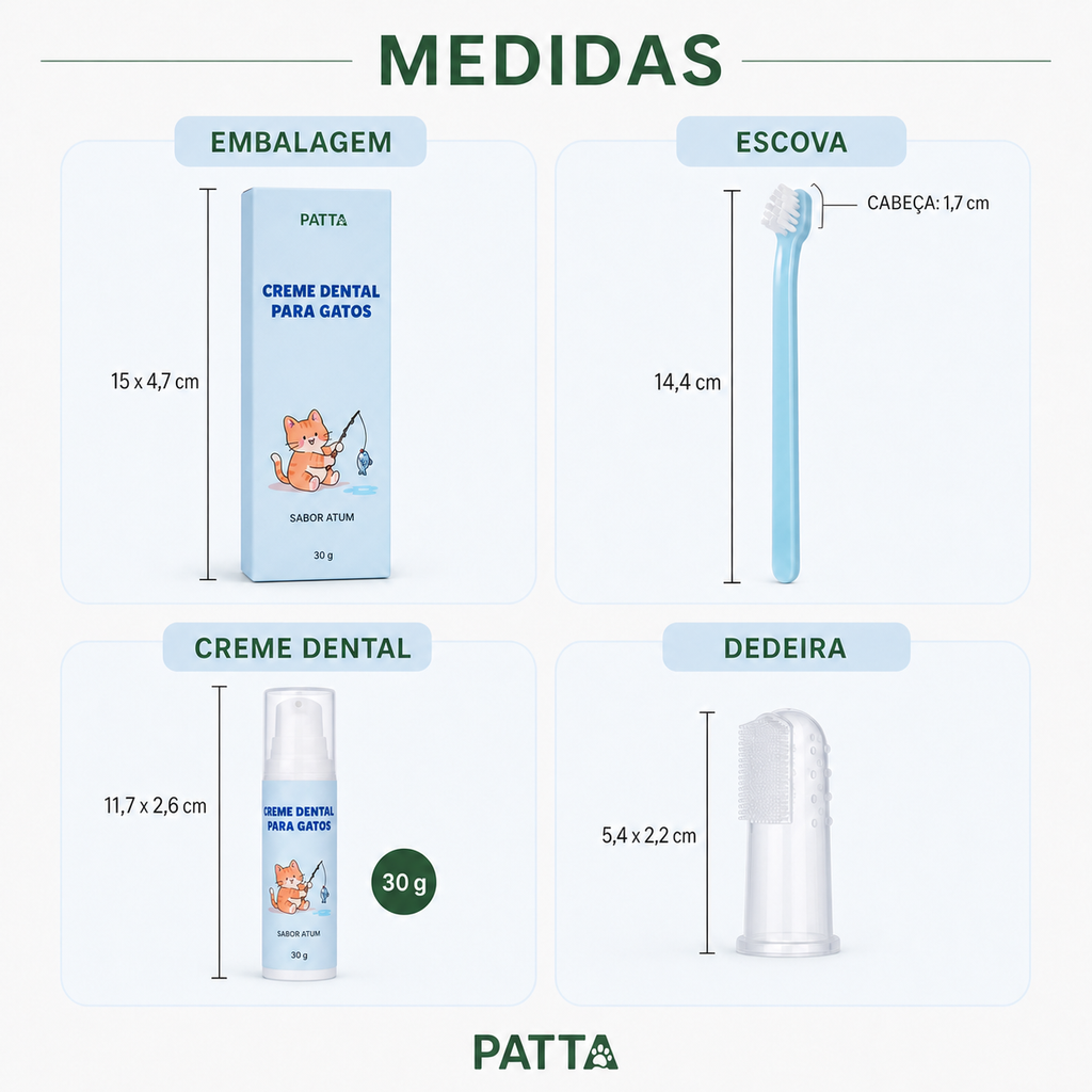 Medidas do kit de higiene bucal para gatos PATTA
