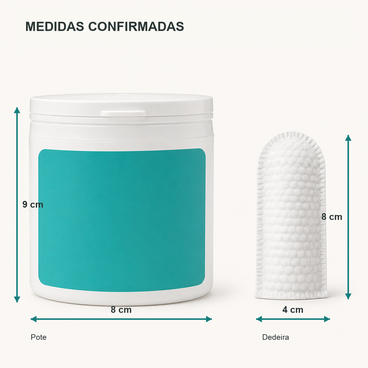 Medidas do pote e da dedeira umedecida