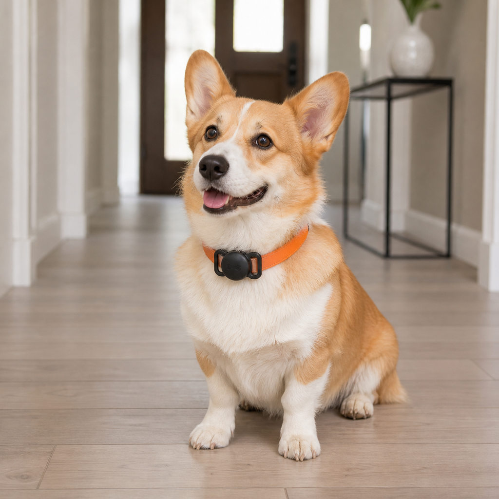 Cão usando o rastreador Google Find My na coleira