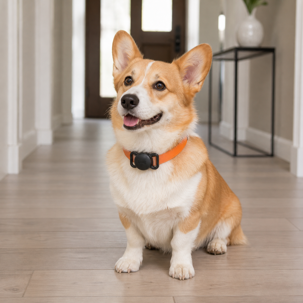 Cão usando o rastreador Google Find My na coleira