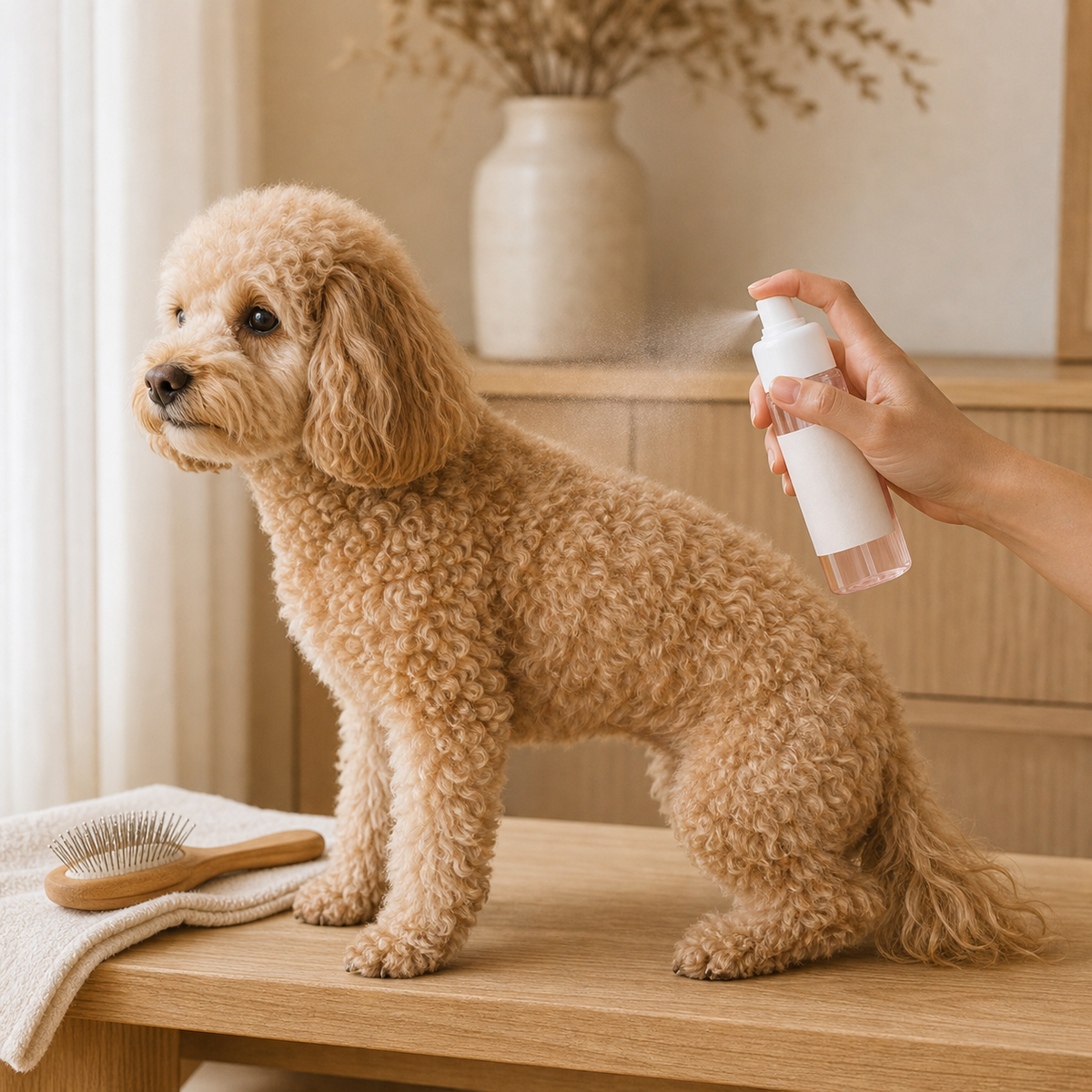 Aplicação do spray desembaraçante no pelo do cão