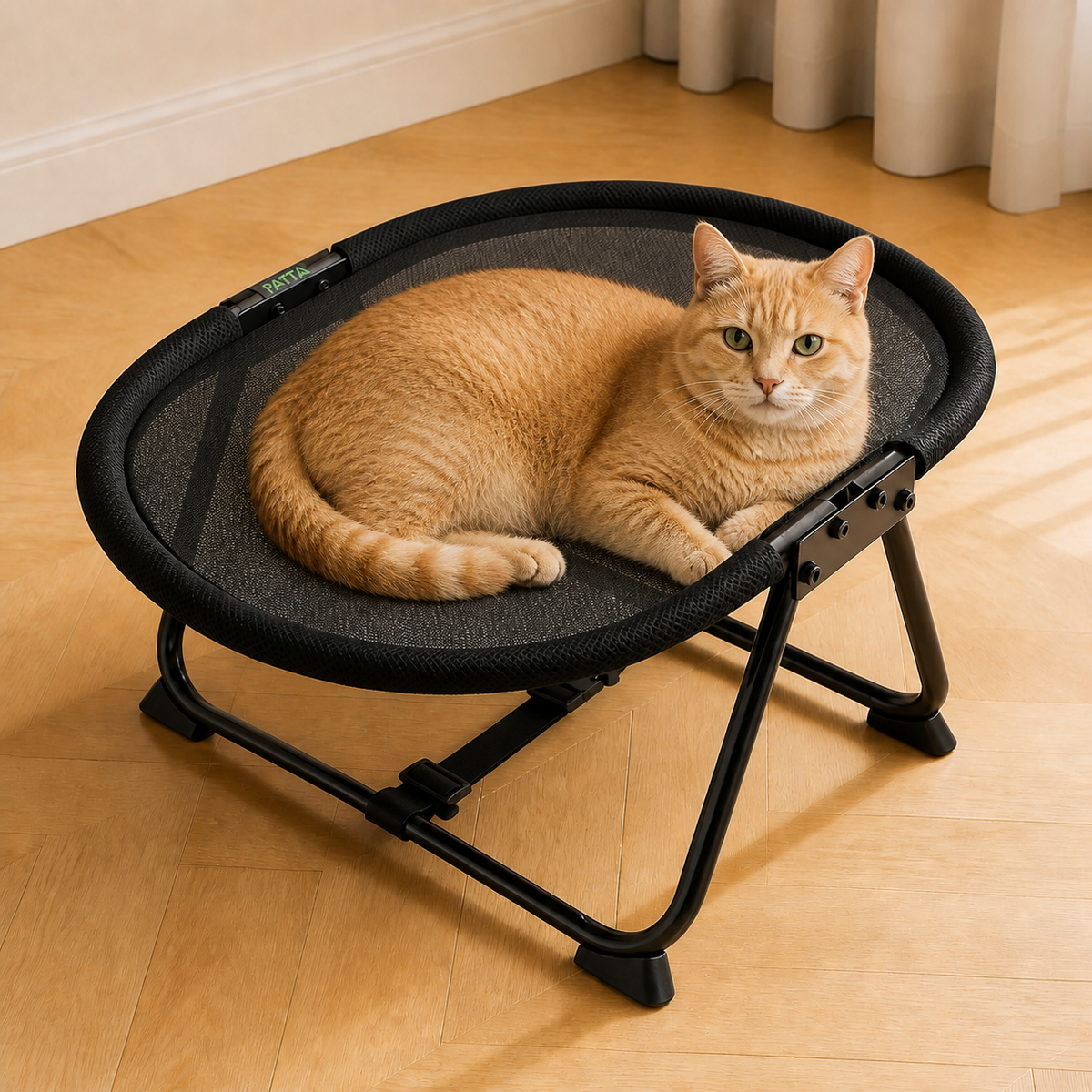 Gato descansando na cama elevada preta PATTA