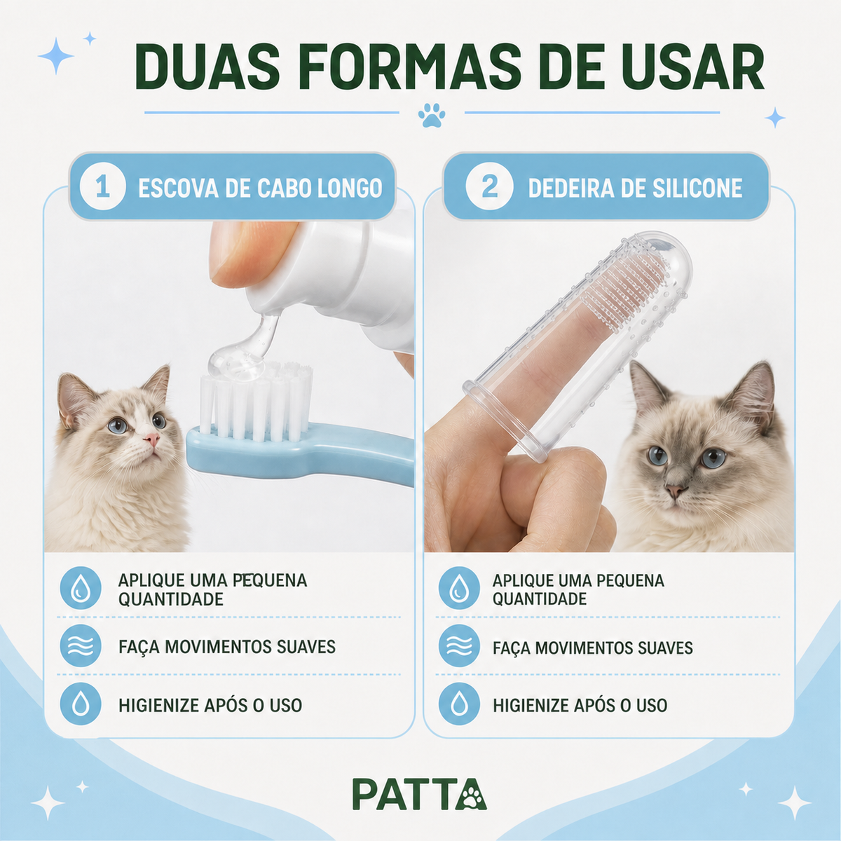 Duas formas de usar o kit de higiene bucal para gatos PATTA