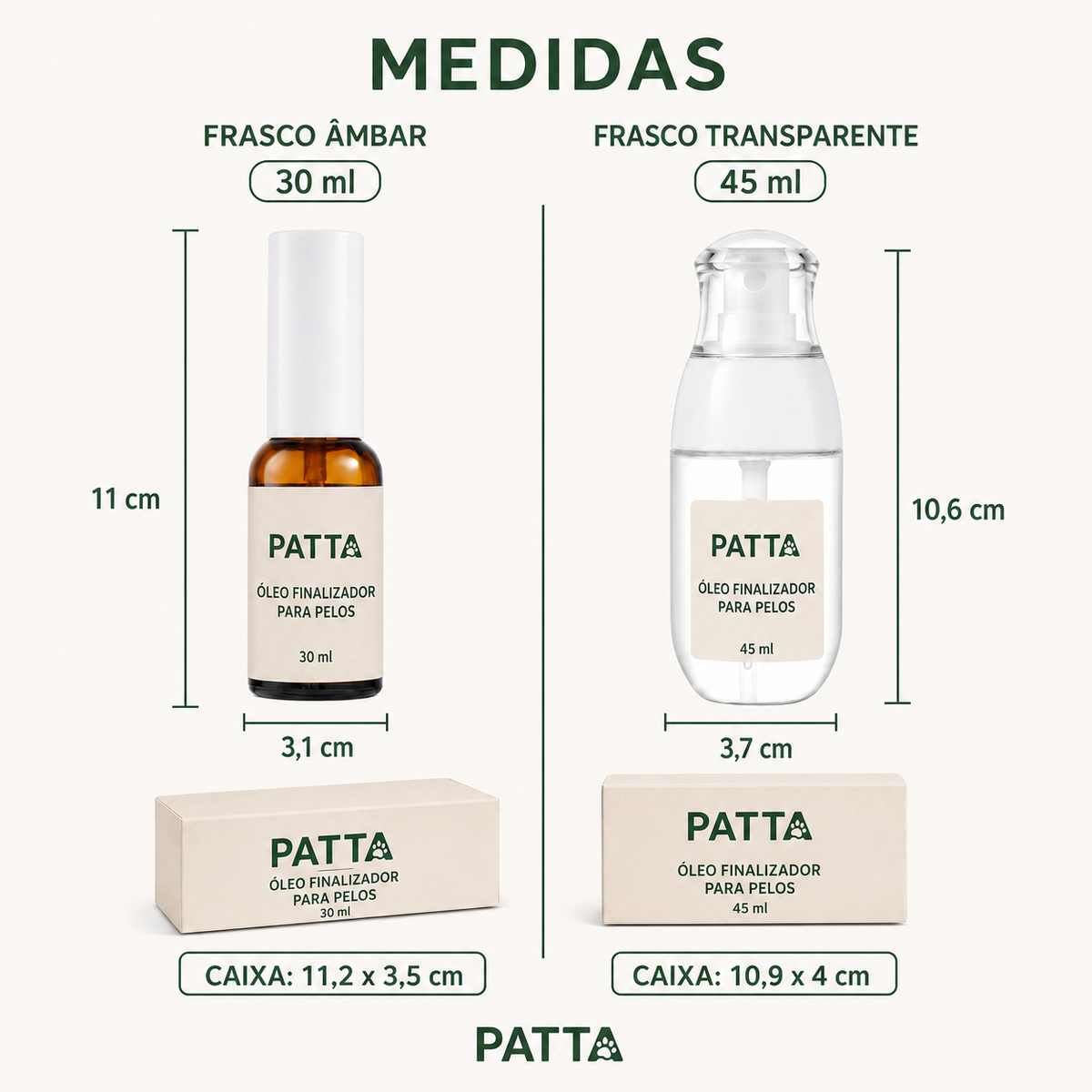Medidas das versões do óleo finalizador PATTA