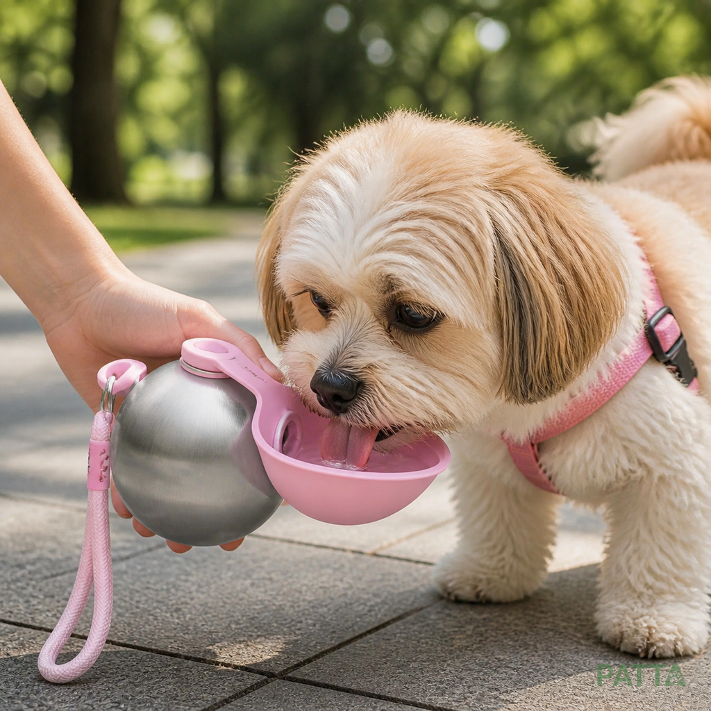 Cão pequeno bebendo água na Garrafa-Bebedouro portátil