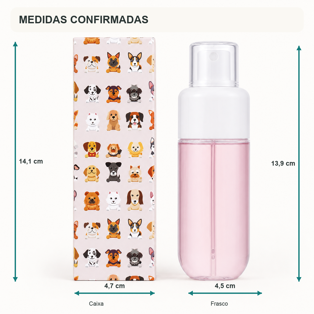 Medidas confirmadas do frasco e da caixa