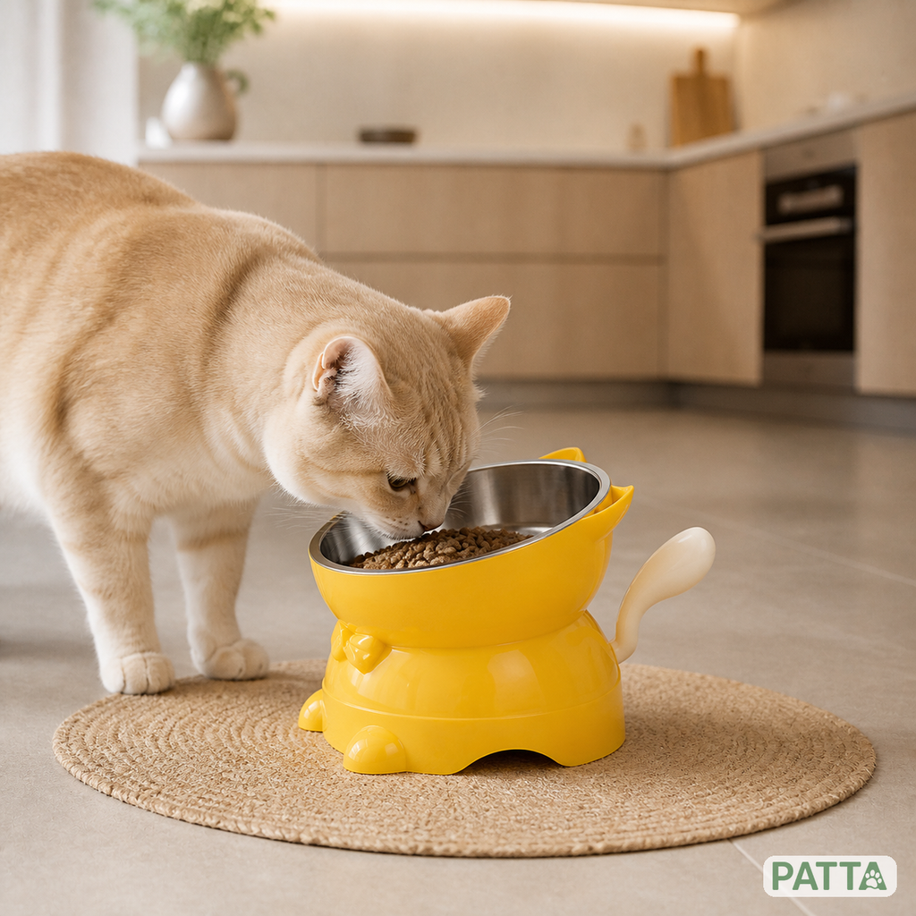Gato usando comedouro elevado PATTA em ambiente residencial