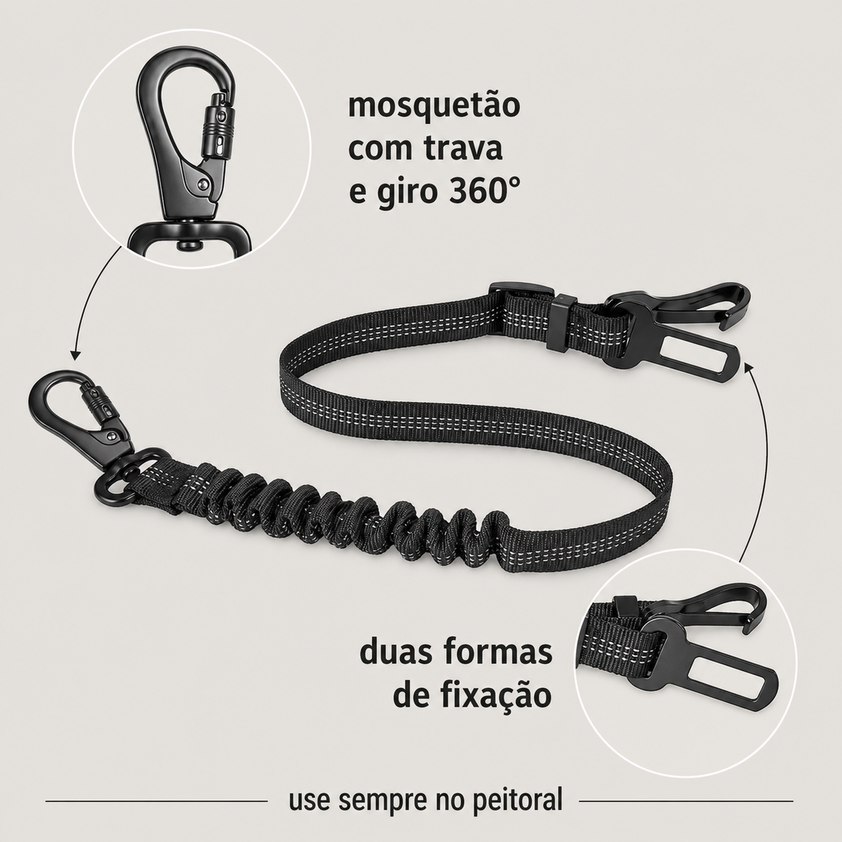 Mosquetão com trava, giro de 360 graus e duas formas de fixação