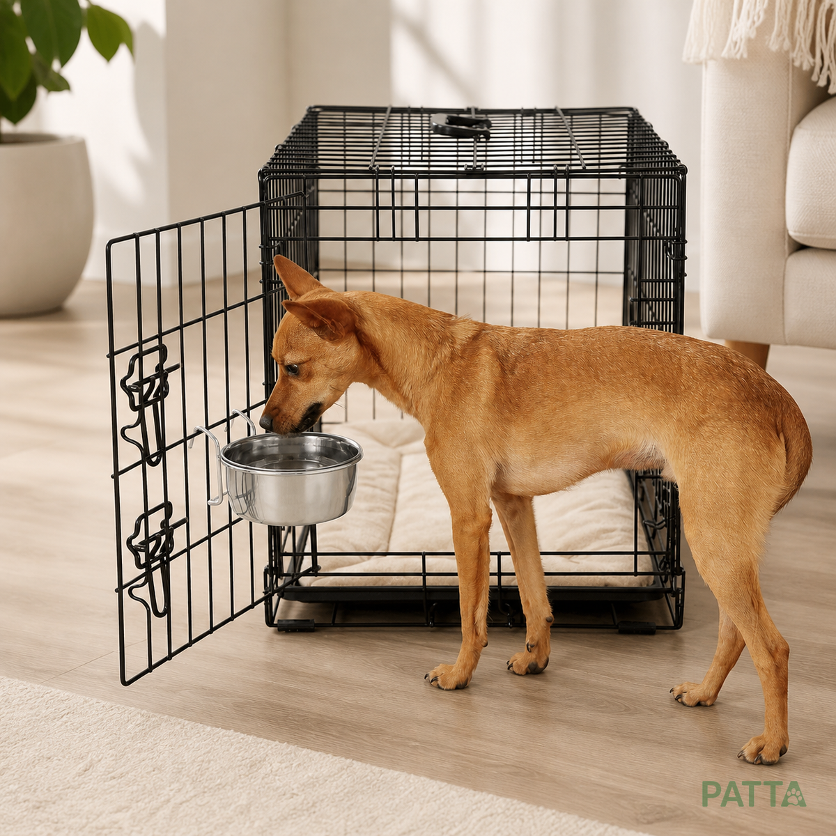 Cão bebendo no Comedouro Suspenso de Inox preso à gaiola