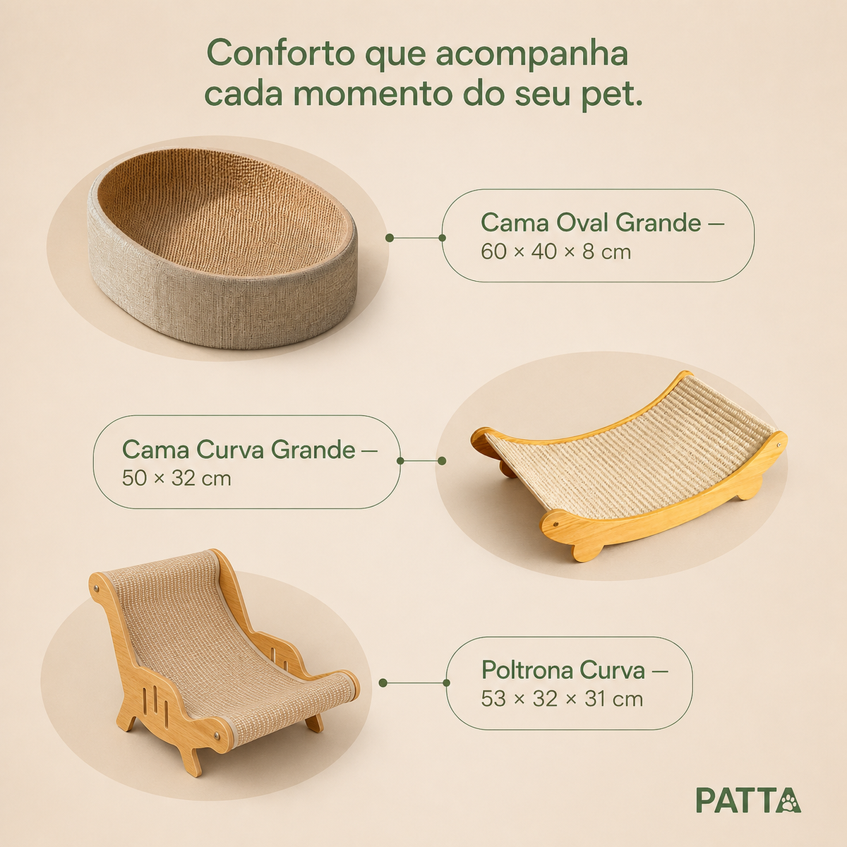 Medidas dos modelos grandes de arranhador PATTA