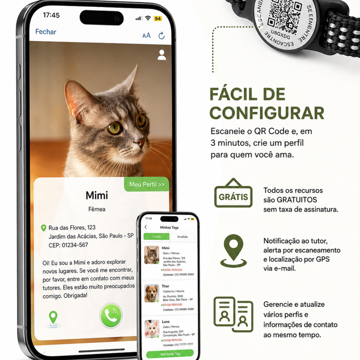 Coleira com Suporte para AirTag e QR Code para Gatos