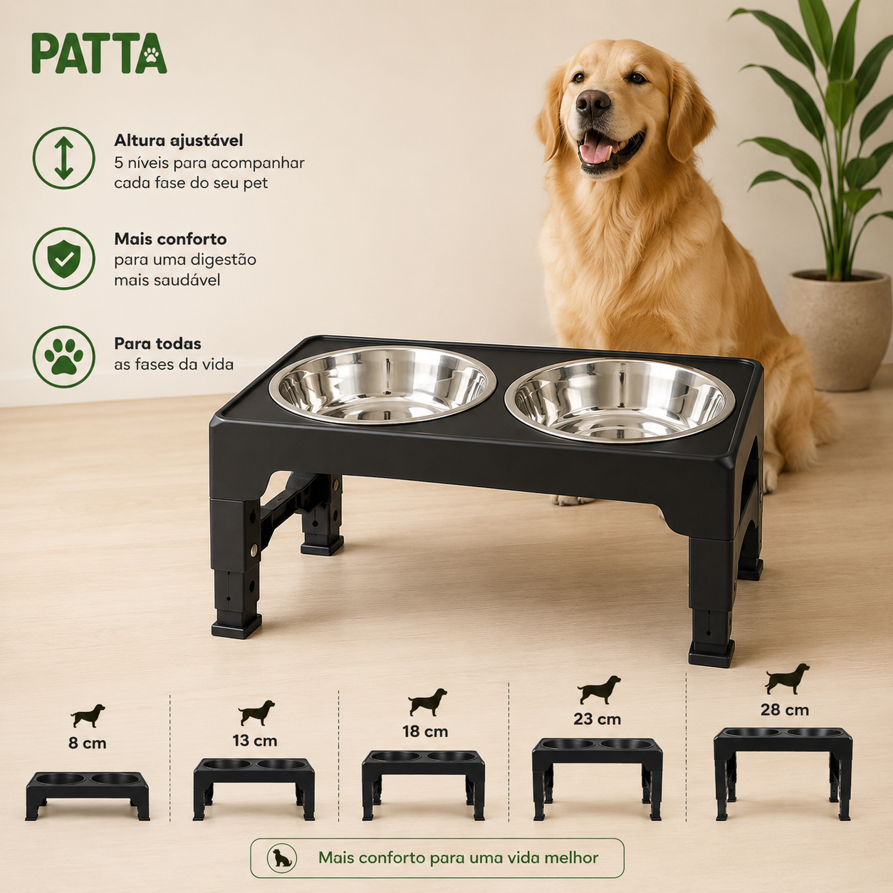 Comedouro Elevado Ajustável com Tigelas em Inox para Pets