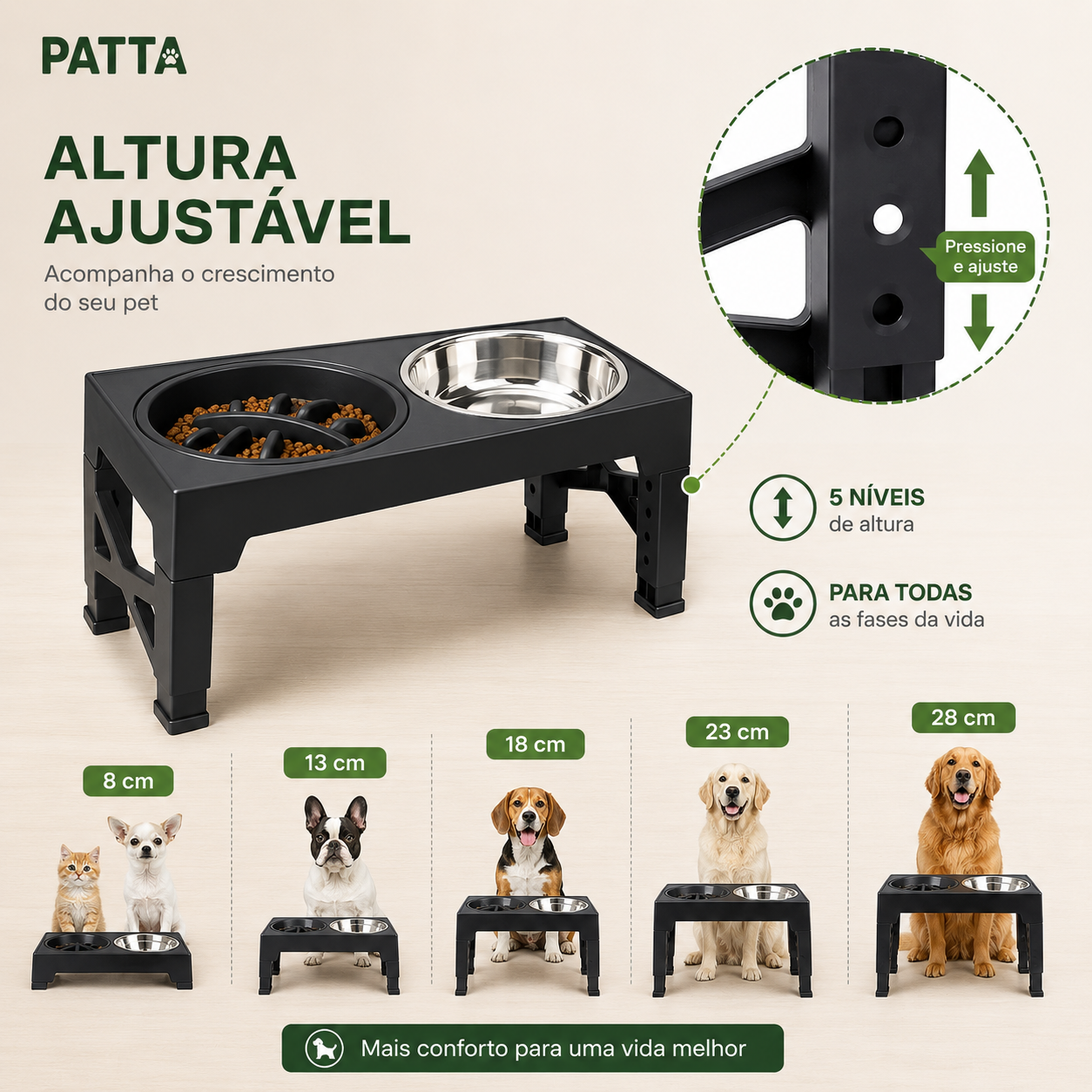 Comedouro Elevado Ajustável com Tigelas em Inox para Pets