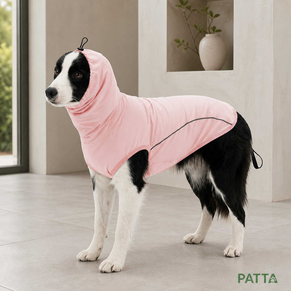 Cachorro com camiseta refrescante rosa em ambiente residencial