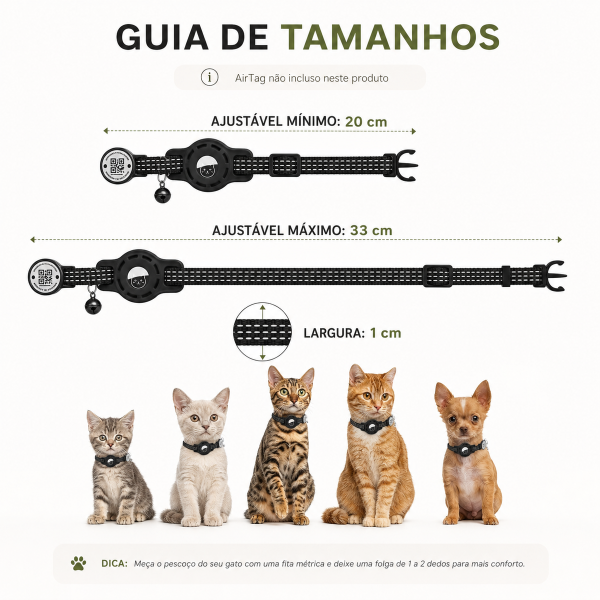 Coleira com Suporte para AirTag e QR Code para Gatos