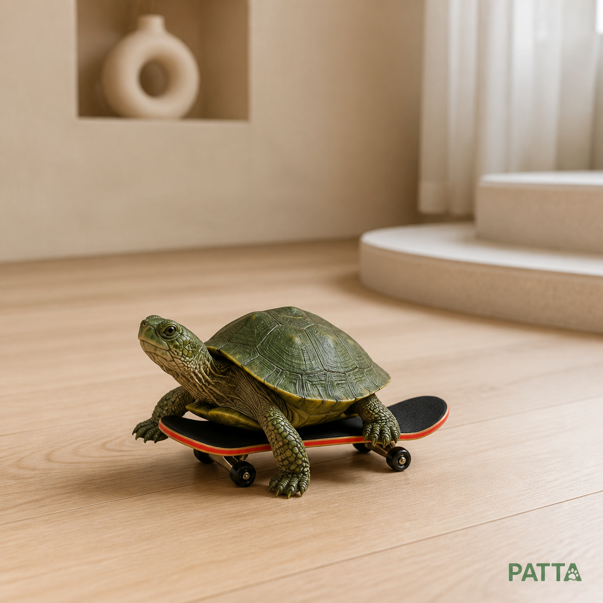 Tartaruga sobre mini skate em ambiente residencial