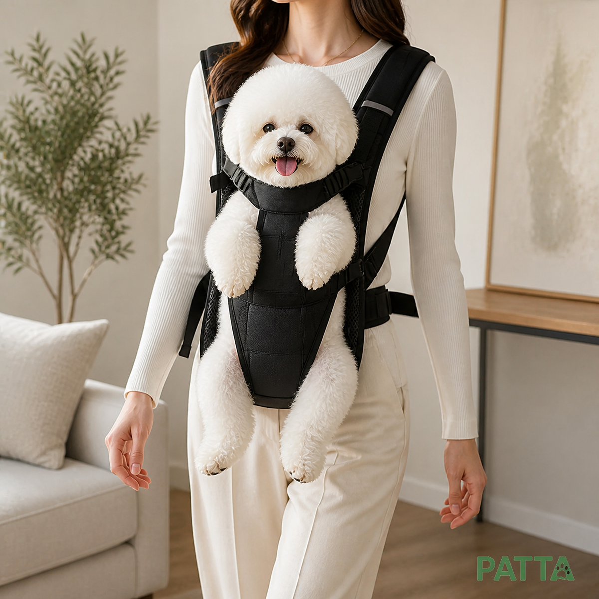 Cão pequeno usando Mochila Frontal Respirável para Pets