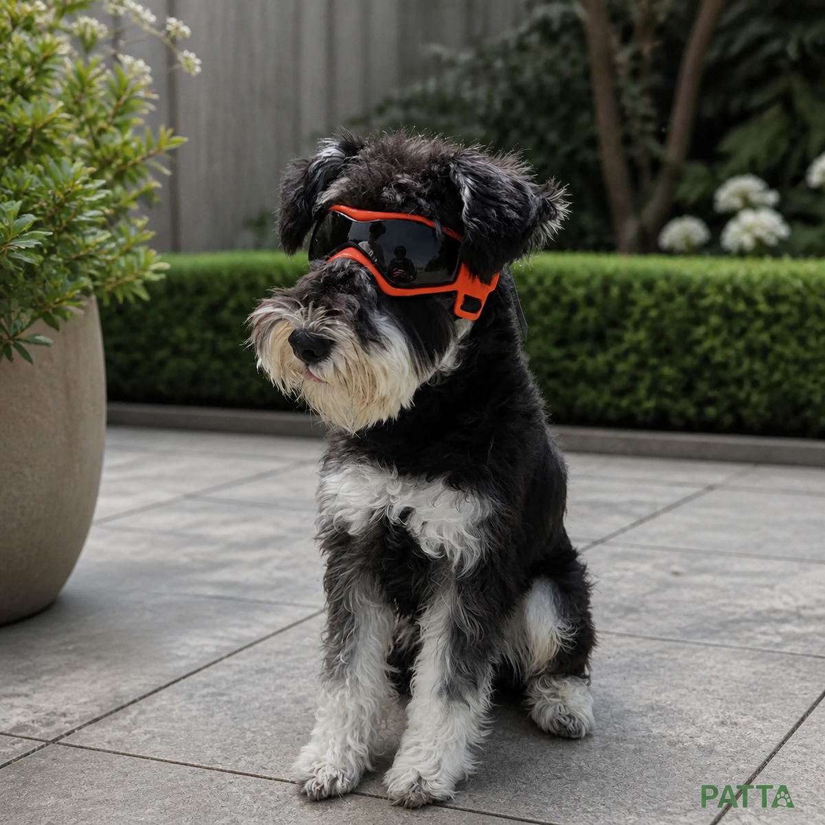 Cachorro usando óculos de proteção vermelhos em jardim elegante