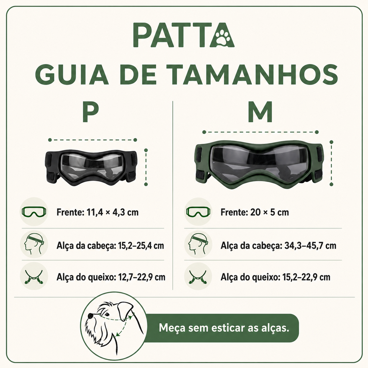 Guia de tamanhos dos óculos de proteção para cachorro