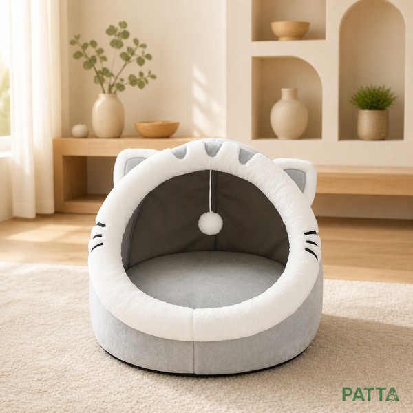 Toca Caverna Acolchoada para Gatos cinza com orelhas cinza