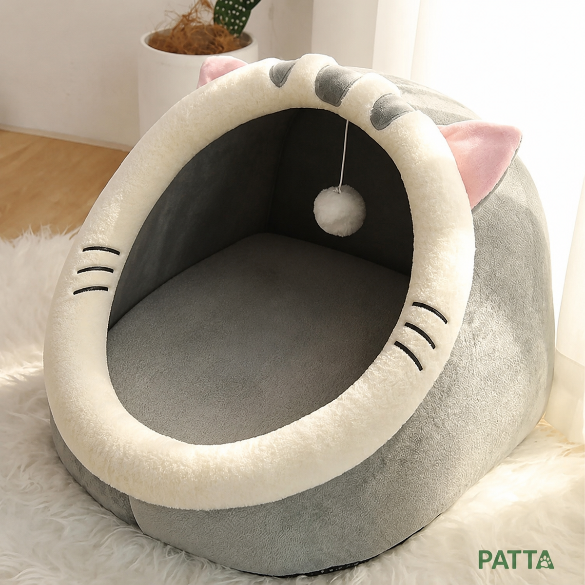 Toca Caverna Acolchoada para Gatos cinza com orelhas rosa